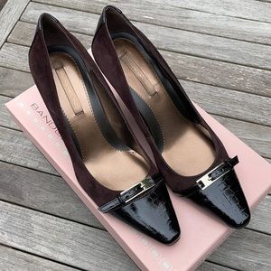 Bandolino Brown Suede and Leather Heels with Buckle Accent - like new